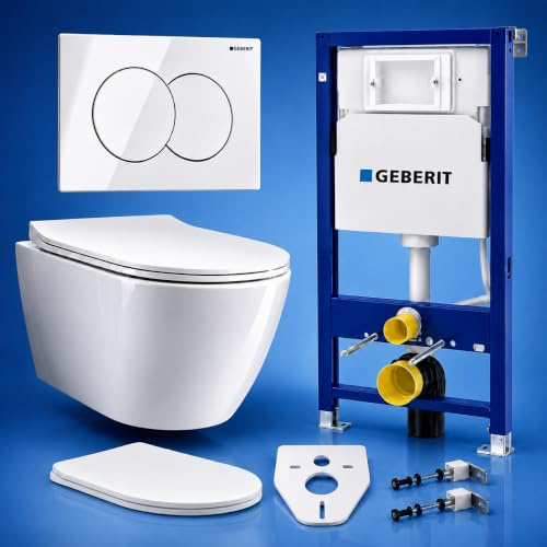 KOLMAN WC Set mit Geberit Duofix Basic UP100 Vorwandelement, Wand-WC Rolo Weiß, Delta01 Drückerplatte Weiß, Slim Duroplast WC-Sitz mit Soft-Close & Schallschutzmatte