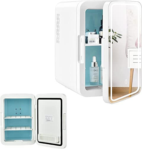 RELAX4LIFE Mini-Kühlschrank 10 L, Kosmetika-Kühlschrank für Kühler & Heizen mit 3 Helligkeitsstufen Einstellbarem LED-Licht&Spiegel&Abnehmbaren Regalen, Tragbarer Getränkekühlschrank für Zuhause