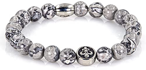 Bracciale con diaspro Bracciale con perline Giglio fiorentino grigio Argento 8 mm in acciaio inossidabile