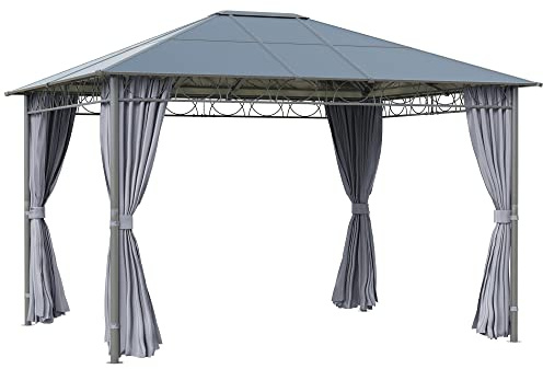 Outsunny Gazebo da Giardino 3.6x3m con Tetto in Policarbonato Anti UV, Struttura in Acciaio e Alluminio e Tende, Grigio