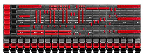 KADAX Lot de 160 Grande étagère murale à outils, système de stockage 232 x 78 cm, en plastique robuste, système modulaire résistant aux UV, plaques murales extensibles, étagère (rouge et noir)