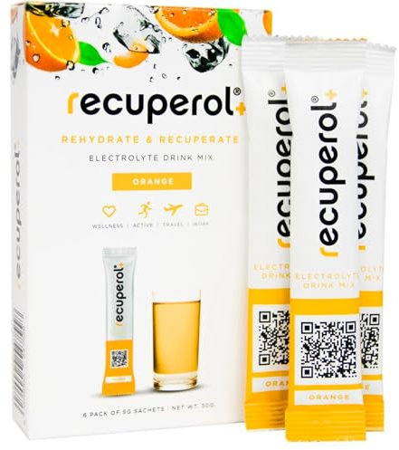 Recuperol Electrolytes Sachets | Electrolytes Powder for Rehydration | 6 Sachets | Sugar-Free Hydration Powder | Zinc, Vitamin C, B12, D3, Potassium | Natural Orange Flavour