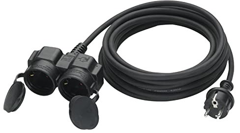 Verlängerungskabel Outdoor 15m mit 2 Schuko-Steckdosen, Gummi Doppel-Verlängerung 3500W mit Schutzkappe für den Außenbereich IP44, Stromkabel H05RR-F 3G1,5mm² mit Doppelsteckdose, 16A/250V, Schwarz
