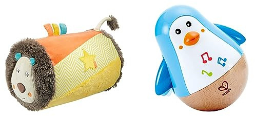 Fehn Krabbelrolle Löwe Funky Friends – Baby Krabbelhilfe Rolle im niedlichen Löwen Design & Hape Stehauf-Pinguin, Stehaufmännchen mit Klang, blau, ab 6 Monaten