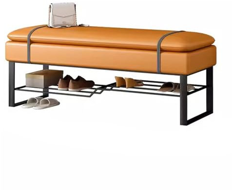 KAMPCO Aufbewahrungsbank im Eingangsbereich mit gepolstertem Sitz, Schuhablage, gepolsterter Sitzfläche aus PU-Leder, schwarzen Metallbeinen, osmanische Bank für das Wohnzimmer am Ende des Bettes