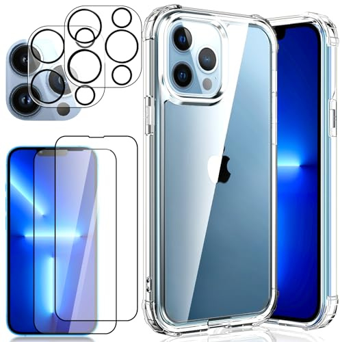 DYNASCO 5 in 1 Klar Hülle für iPhone 13 Pro Max mit 2 Stück Gehärtetem Glas Schutzfolie und Kameraschutz, Anti-Fingerprint 9H Härte Displayschutzfolien, [Vergilbt Nicht] Silikon Stoßfest Handyhülle