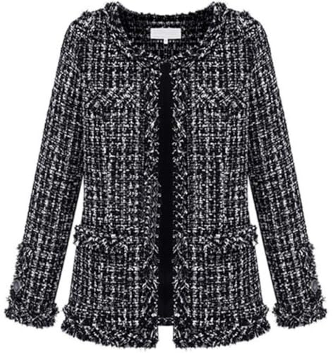 Leyoutx Blazer da Donna in Tweed Scozzese Senza Colletto Elegante Aperto sul Davanti con Frange Casual da Lavoro Giacca Glitterata, Nero, Medium