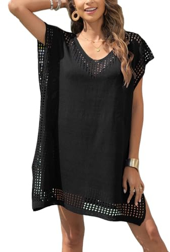 Women's Swim Cover-ups Beachwear Hollow Out V-Neck Short Sleeve Crochet Dress Women Bikini Plus Size Beach Long Beachwear Lightweight Poncho Casual Loose Flowy Swimwear Black