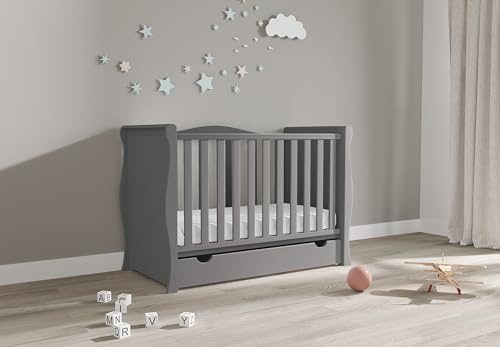 Viculii Willow Baby Sleigh Mini Cot Bed with Drawer Only | 120x60cm | 3 in 1 Baby Cot Converts to Toddler Bed Junior Bed (Grey)