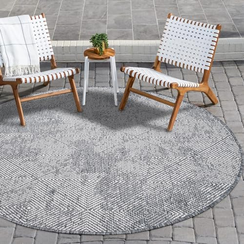 payé In- & Outdoor-Teppich - Grau Creme - 160x160cm Rund - Wendeteppich - Rauten Muster - Wetterbeständig für Balkon Terrasse - Indoor Teppiche Wohnzimmer Küche