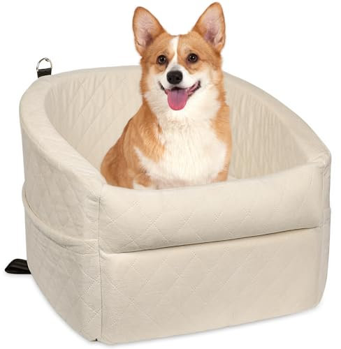 GL GLENSLAVE Hunde Autositz für kleine Hunde, Upgrade Booster Hunde Autositz, abnehmbare und waschbare Haustier Autositze mit Dicker Kissen-Sicherheitsleine und Aufbewahrungstaschen (Beige)