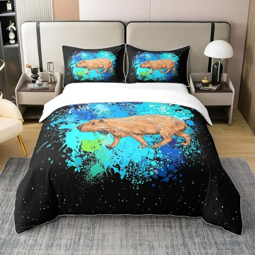 richhome Capybara 100% Bio-Baumwolle Bettbezug Set Nette Tier Cartoon Tröster Cover Set für Kinderzimmer Aquarell Blau Hippie Graffiti Bettwäsche Set 200x200 Größe