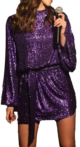 DGCUPODE Langärmelige Paillettenkleider für Frauen Rundhals-Krawattenkleider mit Glitzerglitzer Party Club Cocktail Minikleider (Lila,S)
