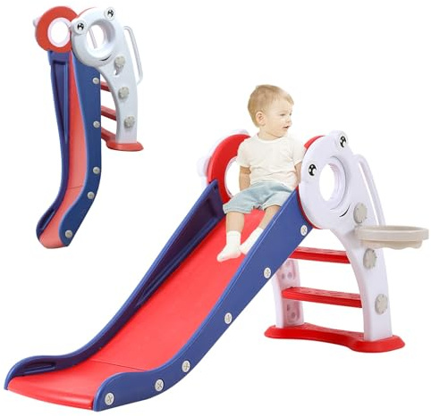 FUKEA 3 in 1 Toddler Slide, Folding Baby Slide Climbing Frame with Basketball Hoop, Indoor Outdoor Kids Garden Slides, Freestanding Slide for Toddlers Age 1-3