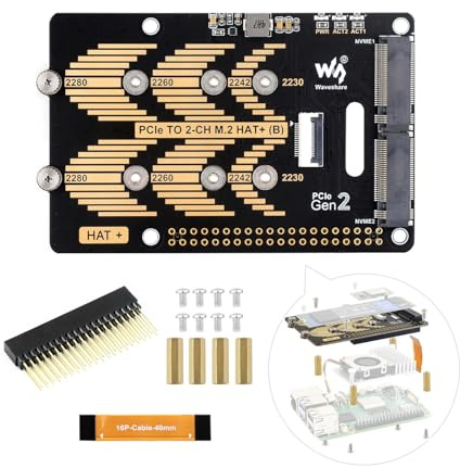 Waveshare PCIe to 2-CH M.2 HAT+ Adapter Type B Compatible with Raspberry Pi 5, Support 2280/2260 / 2242/2230 Size NVMe Protocol M.2 SS Solid State Drive High-Speed Reading/Writing NVMe HAT