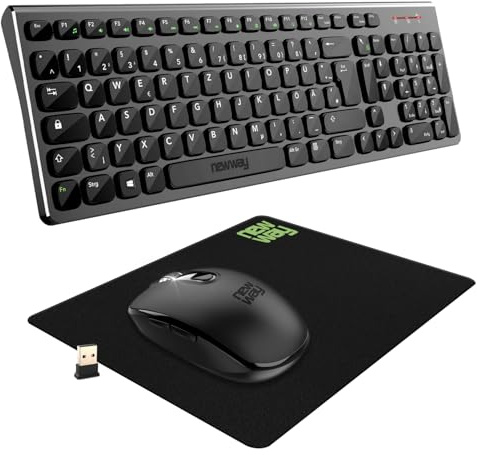 NEWWAY - RF02 Wireless 2,4 GHz Tastatur Maus Pack mit Matte - 105 Tasten 13 Multimedia-Tastenkombinationen - Maus 6 Tasten - USB-Empfänger (QWERTZ)