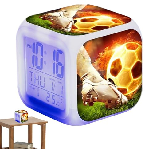 Yulokdwi Fußball-Wecker, Fußball-Uhr Für, Zimmer Zur Erinnerung An Den Morgen, Kinder Für Kinder, Würfel-Fußball-Kinder-Digitaluhr Mit Buntem Nachtlicht, Raumdekoration Für Tisch,