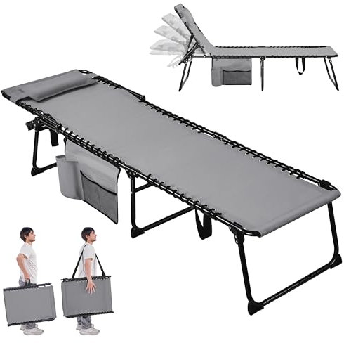 Yaheetech Klappbar Sonnenliege mit Kissen & Seitentasche & 5-Fach Verstellbarer Rückenlehne, Stabil & Tragbar Strandliege Gartenliege Campingbett bis 120kg für Outdoor, 189x57x38 cm, Grau