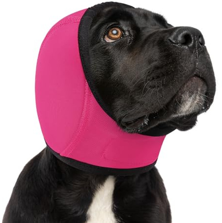 SUNFURA Dog Calming Hoodie - Anxiety Relief Quiet Ears for Dogs, Pet Ear Cover Muffs Noise Protection, No Shake Cat Head Wraps Hematoma for Grooming, Force Drying, Bath, Hot Pink S