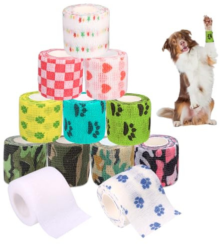GIDWRIY 12 Pezzi Benda Elastica Coesiva Animali 5 CM x 4.5 M,Bende Autoadesiva per Cani,Garza Autoadesive per Cane,Pet Vet Wrap,Bende Elastiche per Bendaggio Coesivo Adesivo,Benda Coesiva Colorata