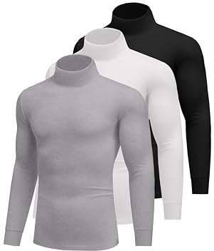 Ekouaer 3Pack Herren Langarmshirt Thermounterwäsche Rollkragenpullover Longsleeve Thermoshirt Warm mit Innenfleece Schwarz+Weiß+Hell Grau XXL