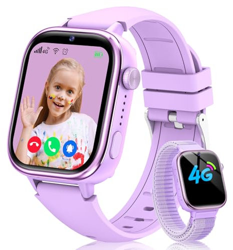 Sanorum 2025 Reloj Inteligente Niño, 4G Smartwatch Niños con GPS y Teléfono, Videollamadas/Función SOS, Mensajes/Modo Escuela/Despertador/Cámara/Podómetro IP68 Reloj Inteligente Niñas y Niños Violeta