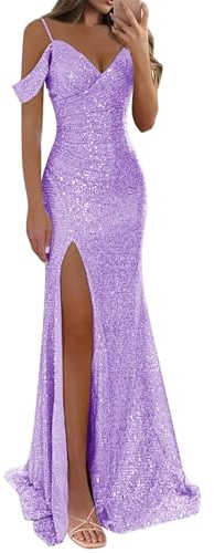 KURFACE Robe de bal à paillettes pour femmes avec fente, manches courtes, longue robe de bal sirène, robe de soirée formelle, lilas, 44