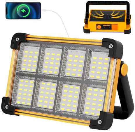 Led Baustrahler Akku Solar Arbeitsleuchte Tragbare, 4 Modi LED Strahler Akku, Campinglampe Aufladbar für Garten, Garage, Camping, Notfall, Outdoor - Gelb
