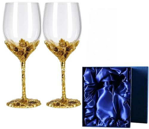 Painted Enamel Flower Lead-Free Wine Glasses 320ml Red White Crystal Gold | Lead-Free Design, 320ml Capacity, Red and White Crystal Colors, Gold Detailing, Includes 2 Glass Gift Box