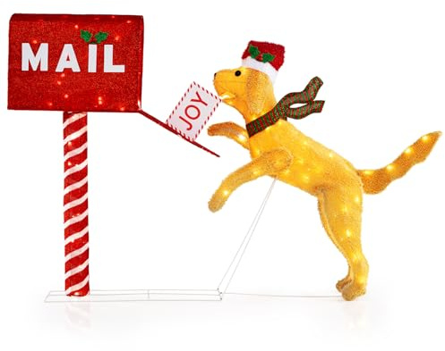 GYMAX 168cm Boîte aux Lettres de Noël & Chien, Décoration Lumineux LED, 120 Lumières Blanc Chaud, avec Attaches de câble et Piquets de Sol, pour Intérieur Extérieur Maison Jardin Pelouse