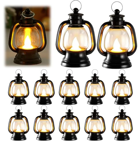 12 Stück Schwarz Mini Laterne LED, Mini Weihnachtsdeko Laterne, Tischdeko Weihnachten, Led Weihnachtslaterne, Vintage Kerze Laternen Hängende Für Mittelstück Geburtstag Weihnachten Party Retro