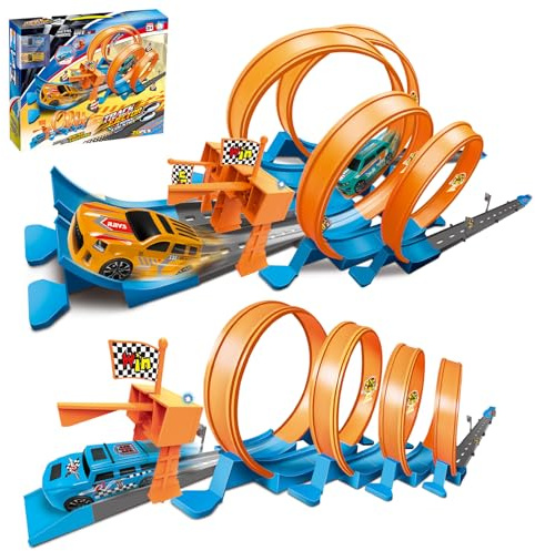 LTFIOON Bilbana för barn, billeksaker med 4 loopingspår och 2 leksaksbilar, looping twister set, järnvägsbyggnad, bilbana, byggsats för barn från 3 4 5 6 7 8 år (A)
