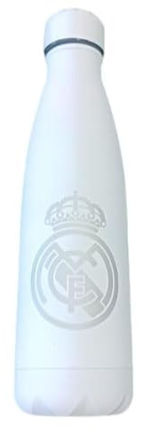 Real Madrid Botellas de aluminio 500ml / 600ml | Oficial con licencia | Diseño deportivo blanco y negro con tapa antifugas (BLANCA RUBBERIZADA DOBLE PARED, 500 ML)