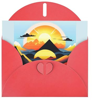PEGQCVAM Grußkarte mit Sonnenaufgang und Berg. Rote Luxus-Perlglanz-Grußkarte, Premium-Karton für alle Anlässe