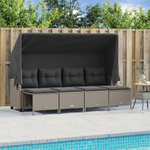 Mandloder 5-TLG. Garten-Sofagarnitur Hellgrau, Poly Rattan Lounge Set mit ausziehbarem Sonnendach, Bequeme Kissen, UV-beständig, 4 Fußhocker, für Terrasse, Balkon
