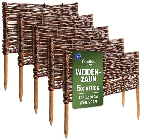 Creative Home Set de 5 Vallas de Mimbre Natural | Tamaño: 60 x 20 cm (+/- 1 cm) | Valla de Jardín para Delimitar Parterres Decorativa | Cerramiento Cercado de Césped | para Jardín Balcón Terraza