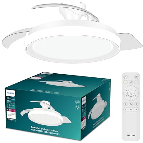 PHILIPS Bliss Lámpara de Techo con Ventilador Aspas Retráctiles LED, 3 Aspas, 106 Cm Envergadura, 4500 Lúmenes, Luz Blanca Ajustable 3000 K a 6500 K, Regulable a 5%, Mando a Distancia, Brillo Blanco