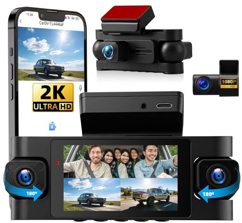 OiLiehu 4 Channel Dash Cam, 2K HD In-Car Camera, Dual 1080P Cameras, 3 inch Dash Cam with Loop Recording, G-Sensor, APP Control, Park Assist, Night Vision, Include GPS, 1080P Backup Camera