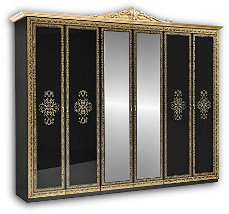 Stella Trading ELIZA - Armadio reale con ante a specchio e molto spazio - Versatile armadio con ante sospese, design barocco, nero, oro, 282 x 232 x 60 cm (larghezza x altezza x profondità)