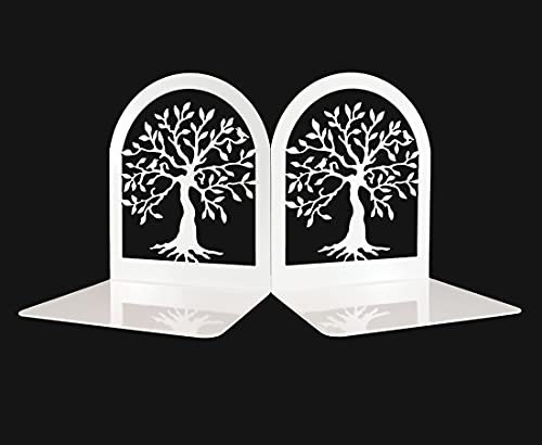 Buchstütze, Tree of Life Dekorative Buchstützen,Heavy Duty Metall-Buchstützen, Bücher Halter für Regal, Anti-Kratz-weiß Buchhalterung für Schulbibliothek Heim Büro Schreibtisch, 1 Paa