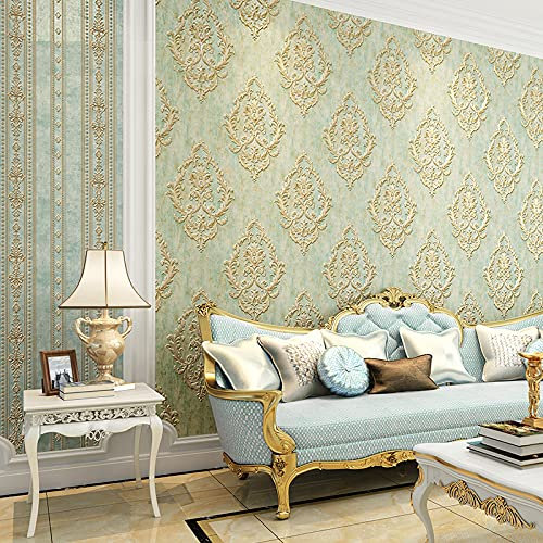 Rotolo di carta da parati in tessuto non tessuto, stile vintage, elegante, 7 colori, motivo damascato, 10 x 0,53 m, per camera da letto, soggiorno (un damasco verde chiaro)