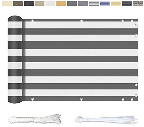 YangAera Balkon Sichtschutz 85x500CM, Windschutz Wasserdicht und UV-Schutz Balkonabdeckung - mit Ösen Kabelbinder und Kordel, für Balkongeländer Terrasse Garten (Graue und Weiße Streifen)
