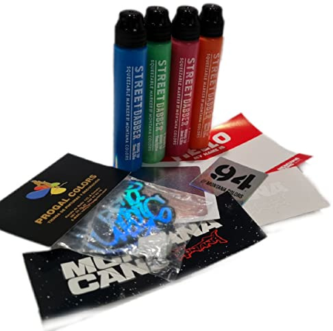 PROGAL COLORS Pack Street DABBER (4 x Squeezer 30 ml Spitze 10 mm + 1 Ersatzspitze + verschiedene Aufkleber) Fasermaler Graffiti Lettering lebendige Farben Signaturen, Spritzen im Innenbereich