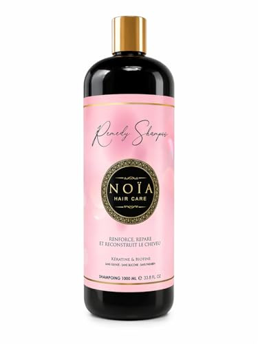 NOÏA HAIR – Shampoing Professionnel Sans Sulfates 1000ml + Brosse Brushing Offerte – REMEDY Kératine & Biotine – Anti-Casse, Fortifiant & Réparateur – Soin Cheveux Abîmés & Secs
