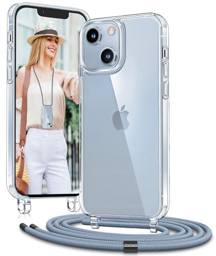 Vaykwo Handykette mit Band für Apple iPhone 14 Hülle und iPhone 13 Hülle - Necklace Handyhülle - Transparente Case zum Umhängen mit Kameraschutz und Bildschirmschutz - Blau | Necklace Handyhülle, Transparente Case zum Umhängen, Verstellbar und Abnehmbar