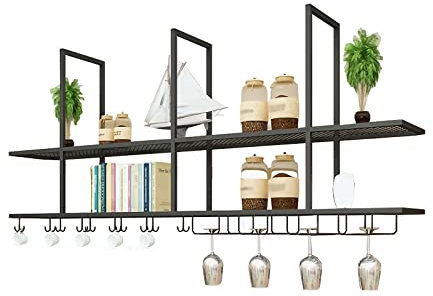 EYLINK Schwarzes 2-lagiges Weinregal zur Deckenmontage, 80/100/120 cm Metall-Ausstellungsständer, Stielglas-Regal, für die Aufbewahrung von Weinflaschen, Pflanzen, Büchern