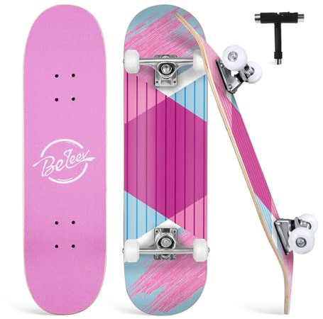 BELEEV Skateboards for Beginners, 31 x 8 inch Complete Skateboard for Kids Teens Adults, 7 Layer Canadian Maple Double Kick Deck Concave Cruiser Skateboard with Skate T-Tool(Light Pink)