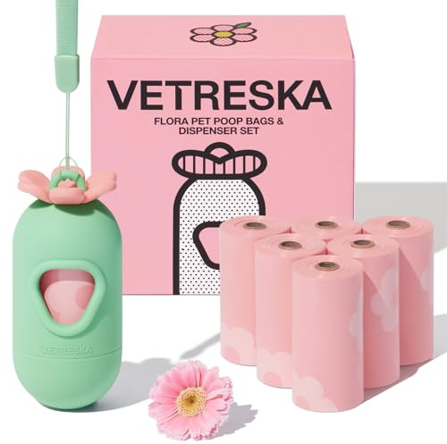 VETRESKA Dog Poop Bags with Dispenser, Lavender Scented, Guaranteed Leak Proof and Extra Thick Pet Waste Bags for Walking Dog and Cats Litter, 1 Bag Holder and 105 Bags (7 Refill Rolls)