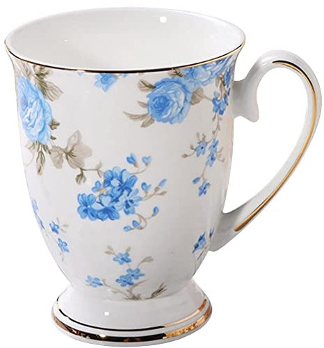 VollfitYYu Tazza da caffè in porcellana, 300 ml, in ceramica, motivo floreale, con manico, per il latte, per la casa, l'ufficio, il caffè (fiori di rosa blu)