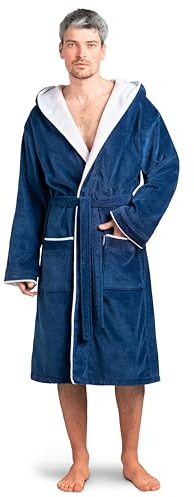 Twinzen Accappatoio Uomo in Cotone Velour - Certificato Oeko-Tex - Colore Blu Reale - Ultra Morbido in Spugna - Taglia L